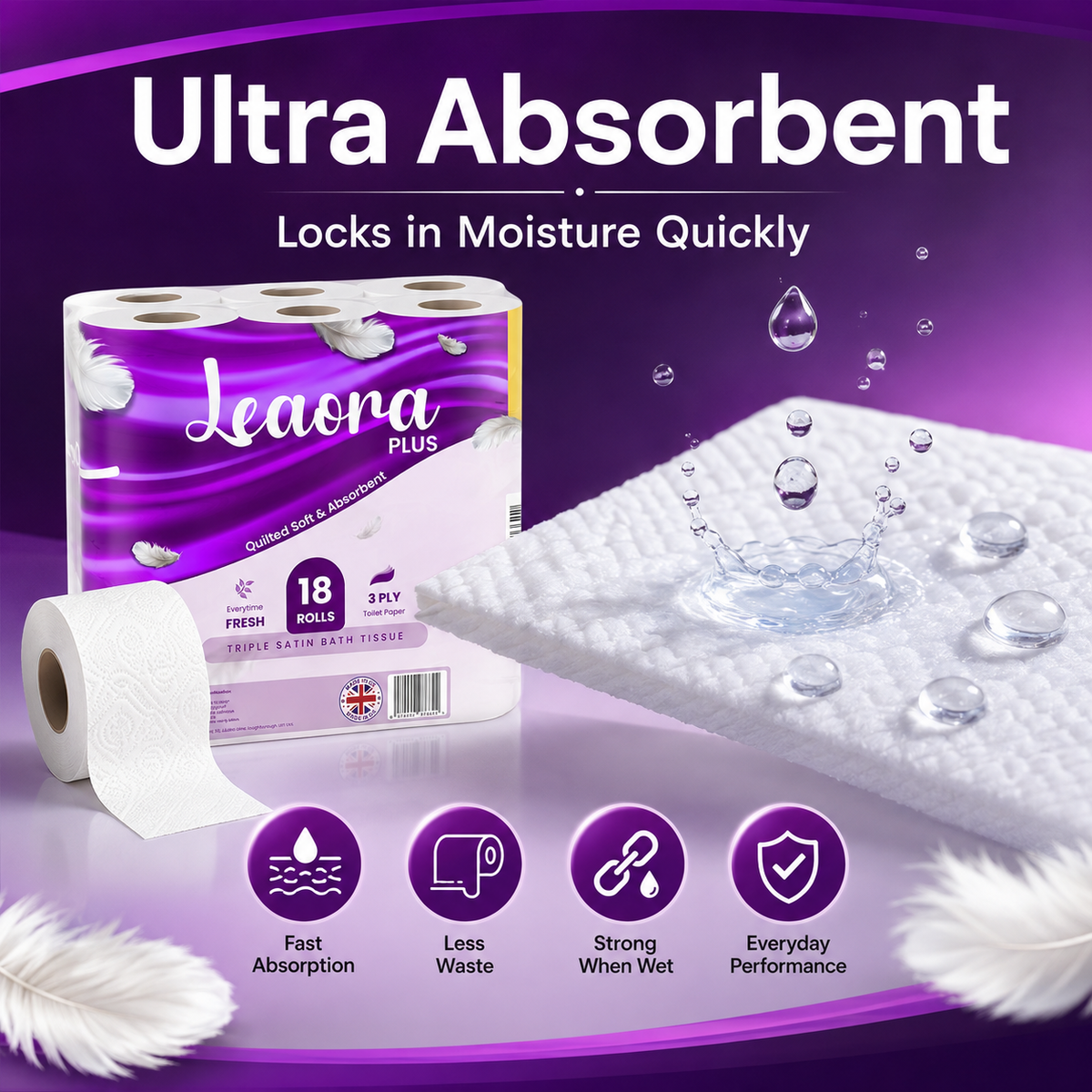 108 Pack Leaora Plus 3-Ply Toilet Tissue Rolls | Bulk UK Quilted Bathroom Tissue