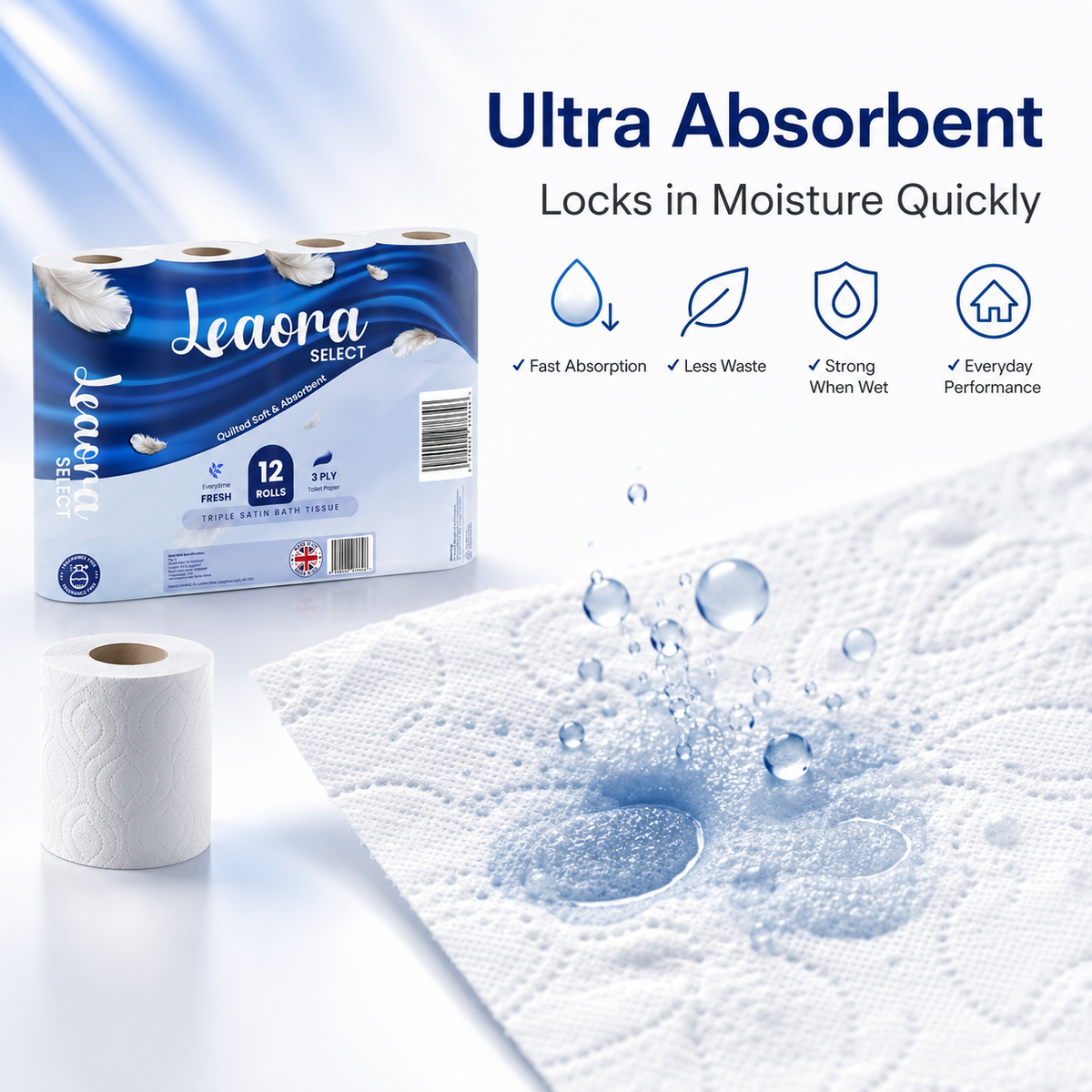 24 Rolls Leaora Select Toilet Tissue | 3-Ply Quilted Comfort