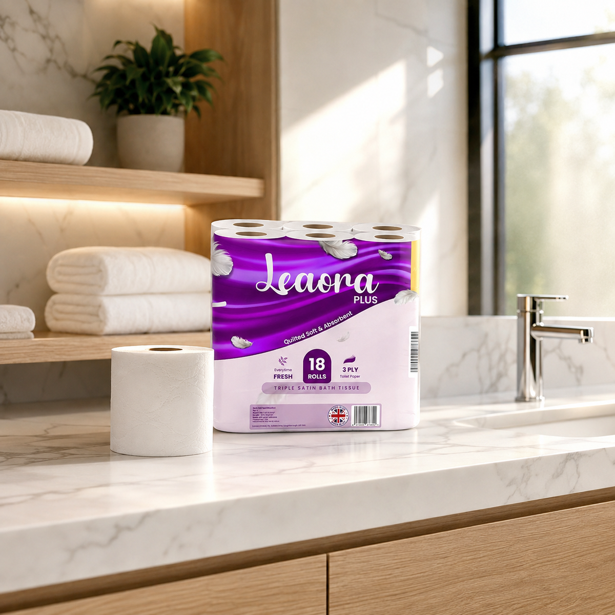 108 Pack Leaora Plus 3-Ply Toilet Tissue Rolls | Bulk UK Quilted Bathroom Tissue