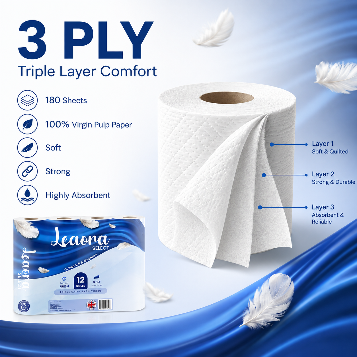24 Rolls Leaora Select Toilet Tissue | 3-Ply Quilted Comfort