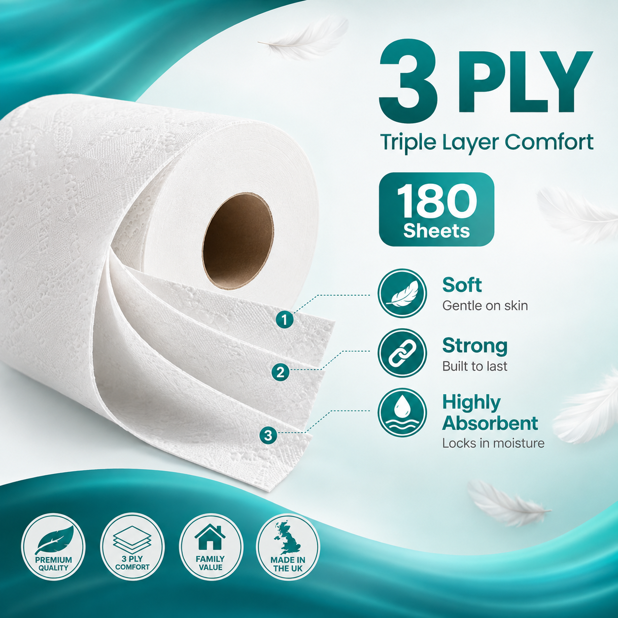 40 Rolls Premium Toilet Tissue | Leaora Essence 3-Ply Quilted
