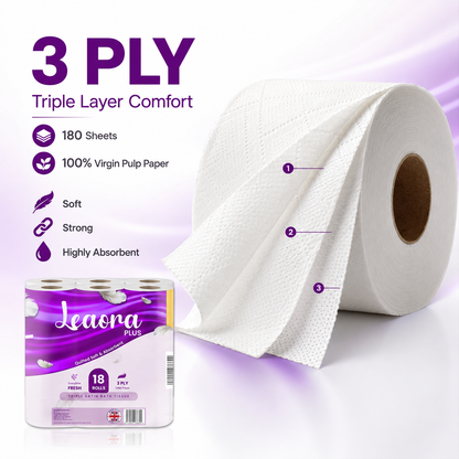 108 Pack Leaora Plus 3-Ply Toilet Tissue Rolls | Bulk UK Quilted Bathroom Tissue