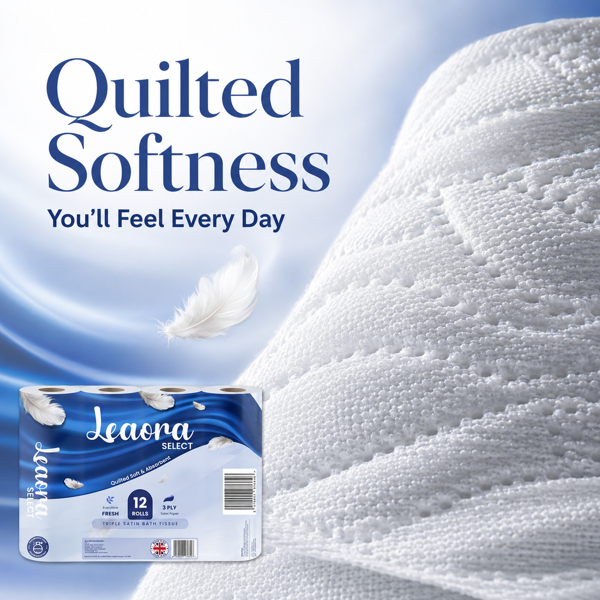 24 Rolls Leaora Select Toilet Tissue | 3-Ply Quilted Comfort