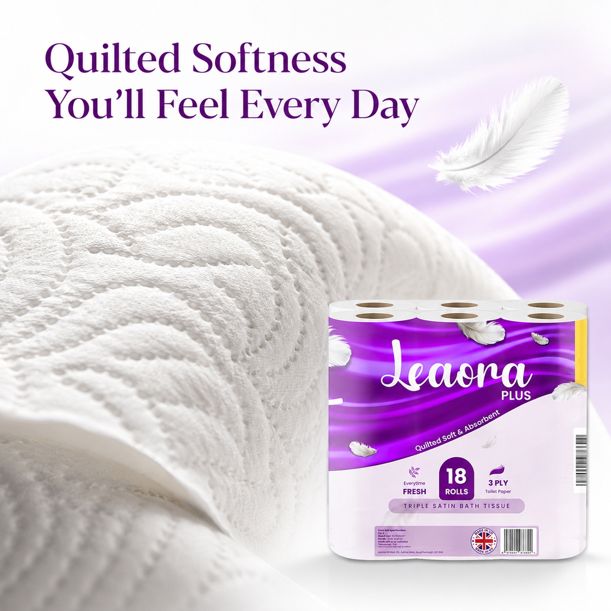 108 Pack Leaora Plus 3-Ply Toilet Tissue Rolls | Bulk UK Quilted Bathroom Tissue