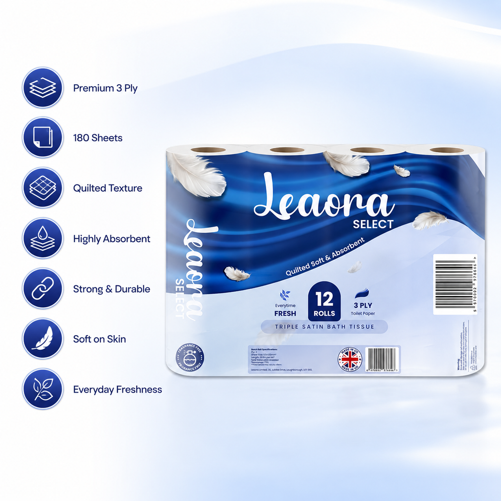 24 Rolls Leaora Select Toilet Tissue | 3-Ply Quilted Comfort