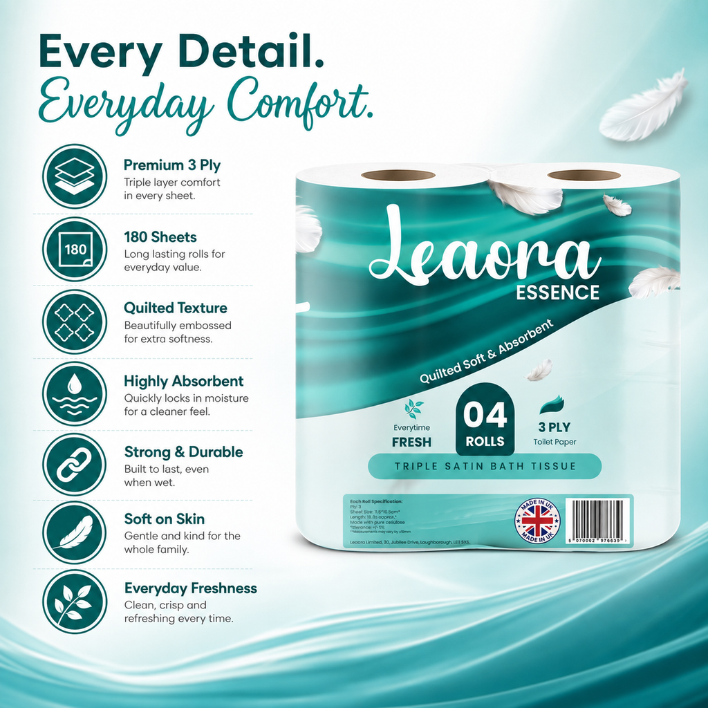 40 Rolls Premium Toilet Tissue | Leaora Essence 3-Ply Quilted