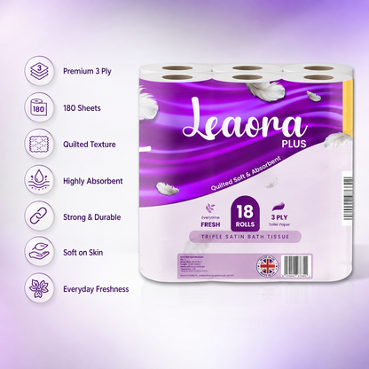 108 Pack Leaora Plus 3-Ply Toilet Tissue Rolls | Bulk UK Quilted Bathroom Tissue