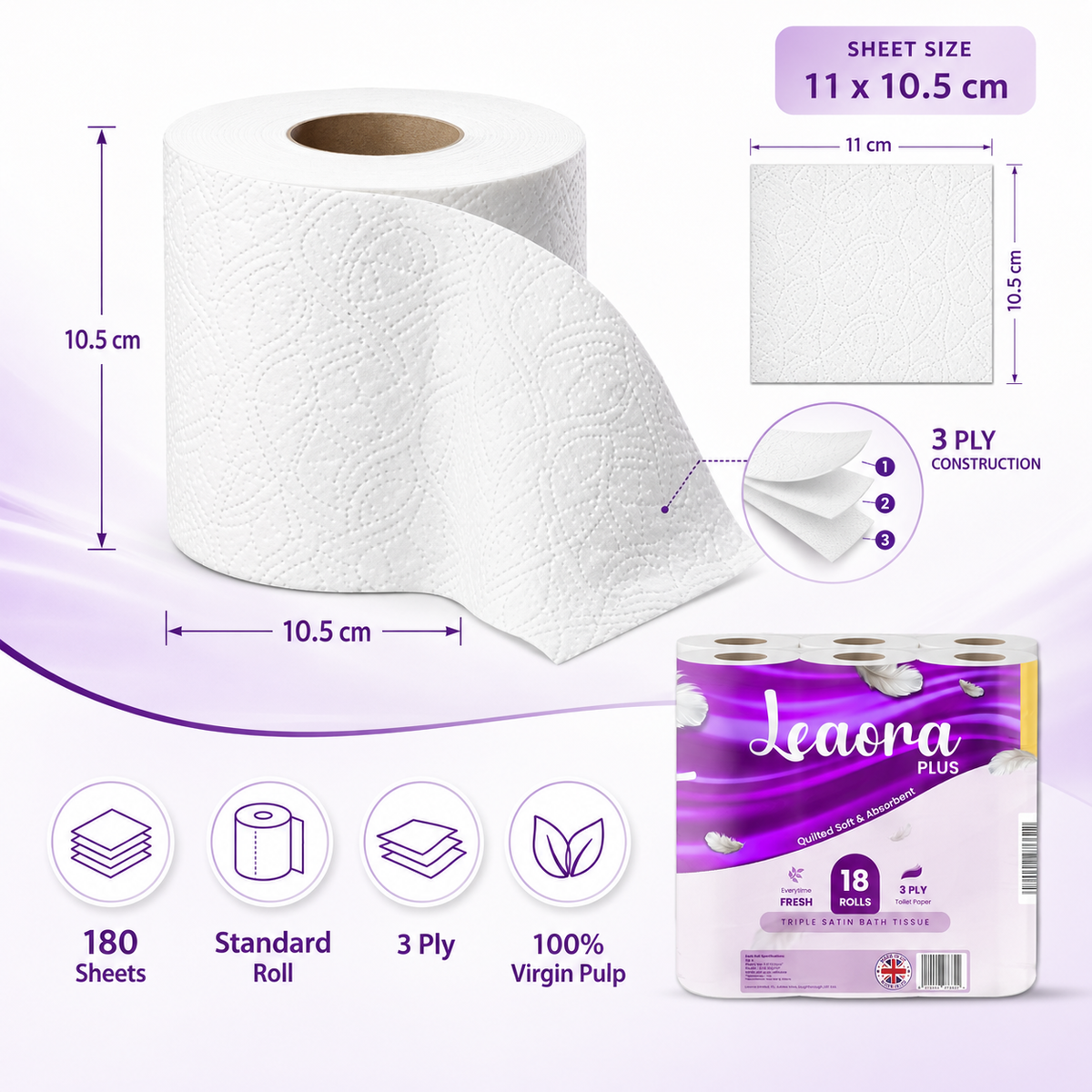 108 Pack Leaora Plus 3-Ply Toilet Tissue Rolls | Bulk UK Quilted Bathroom Tissue