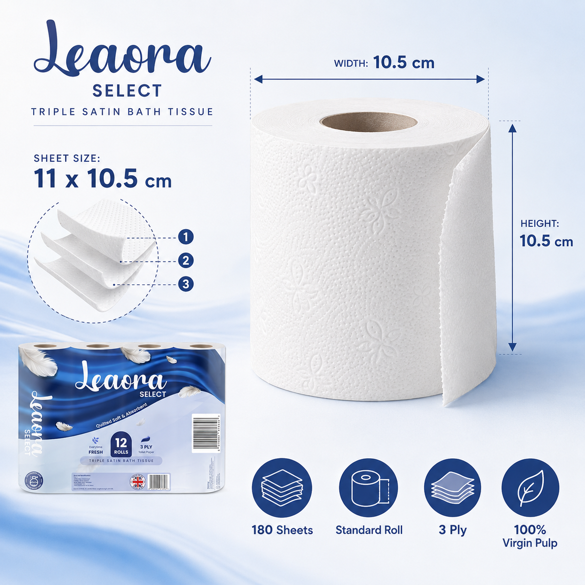 24 Rolls Leaora Select Toilet Tissue | 3-Ply Quilted Comfort