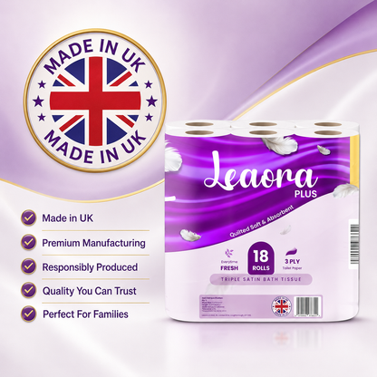 108 Pack Leaora Plus 3-Ply Toilet Tissue Rolls | Bulk UK Quilted Bathroom Tissue