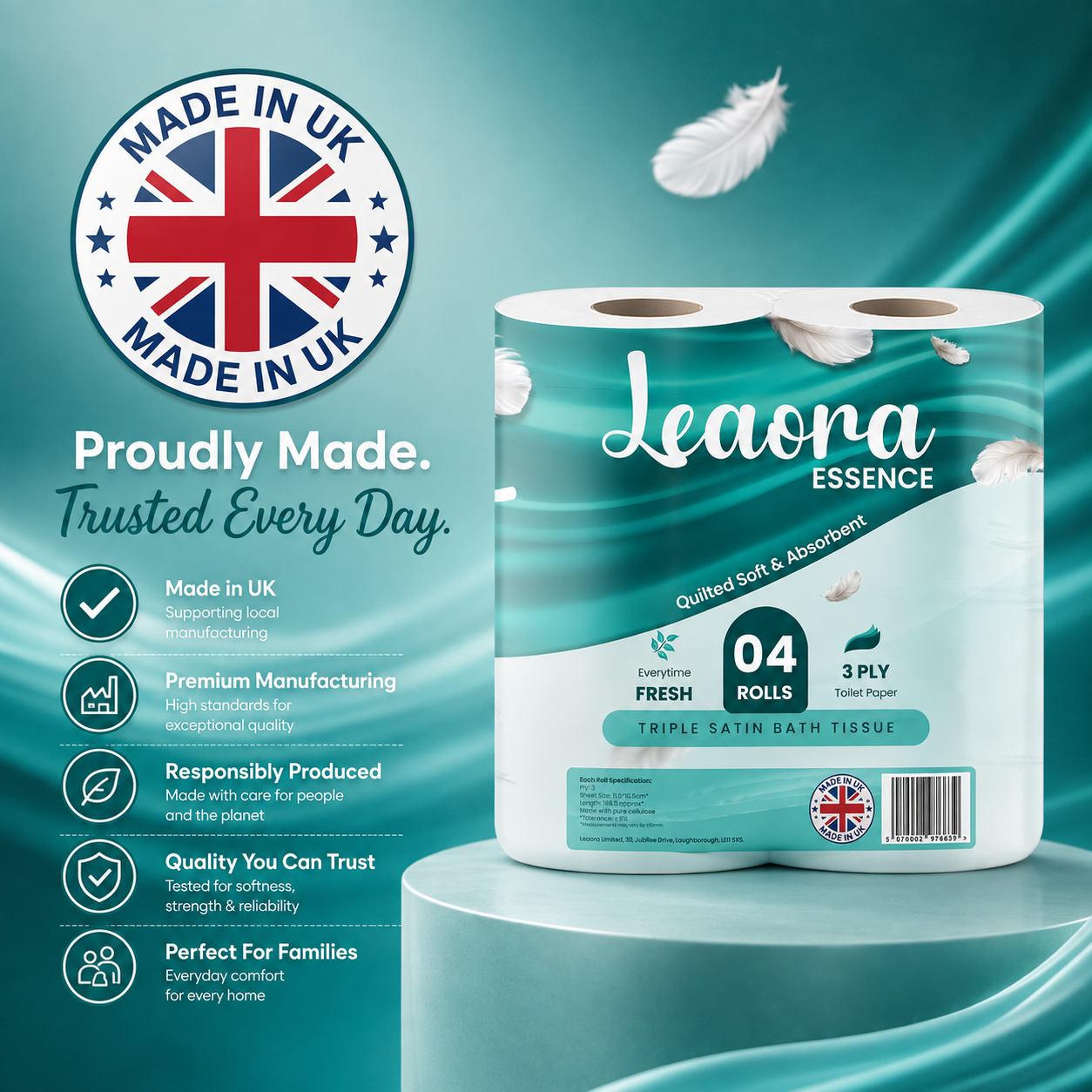 40 Rolls Premium Toilet Tissue | Leaora Essence 3-Ply Quilted