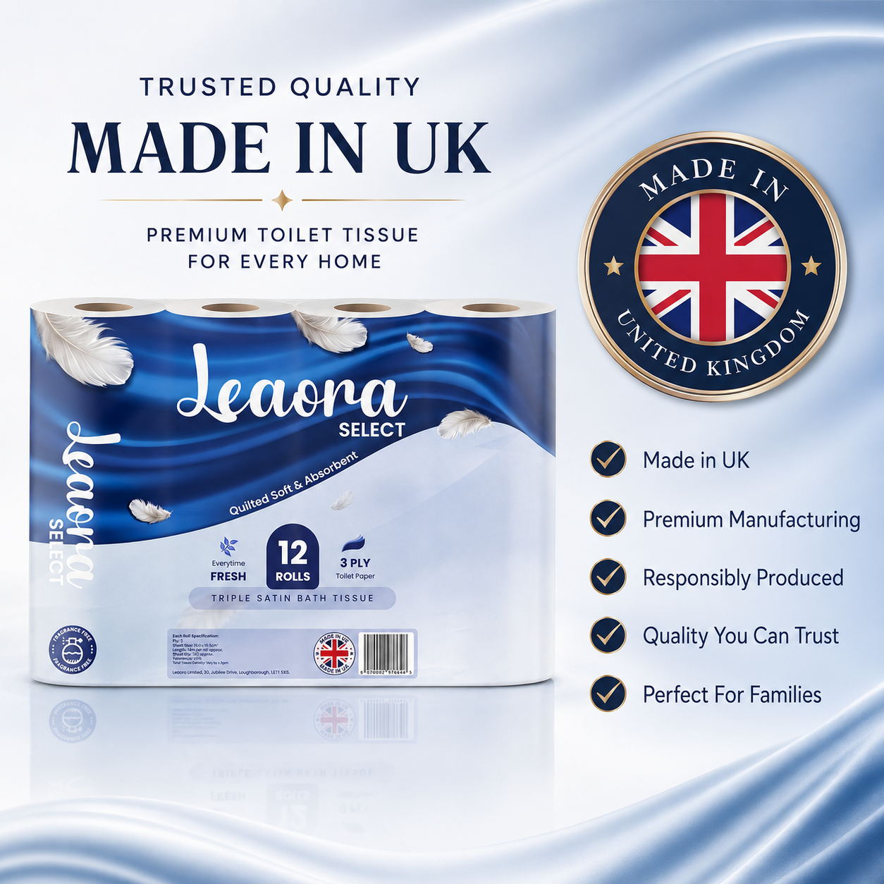 24 Rolls Leaora Select Toilet Tissue | 3-Ply Quilted Comfort