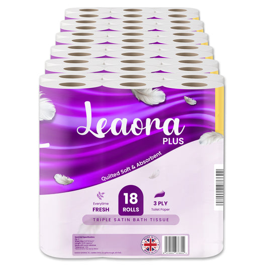 108 Pack Leaora Plus 3-Ply Toilet Tissue Rolls | Bulk UK Quilted Bathroom Tissue
