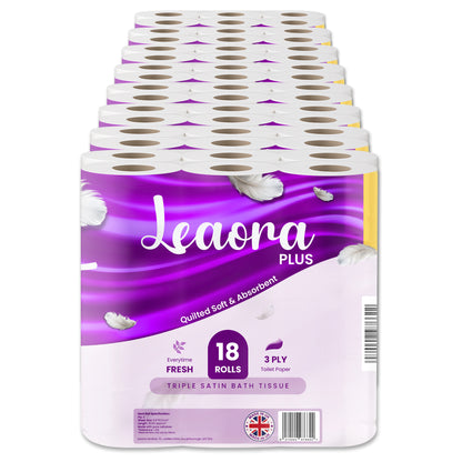 Mega 144 Pack Leaora Plus Quilted Toilet Tissue Rolls – 3 Ply UK Bulk Rolls