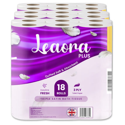 Leaora Plus 54 Pack Toilet Tissue Rolls – 3 Ply Quilted UK Bathroom Tissue