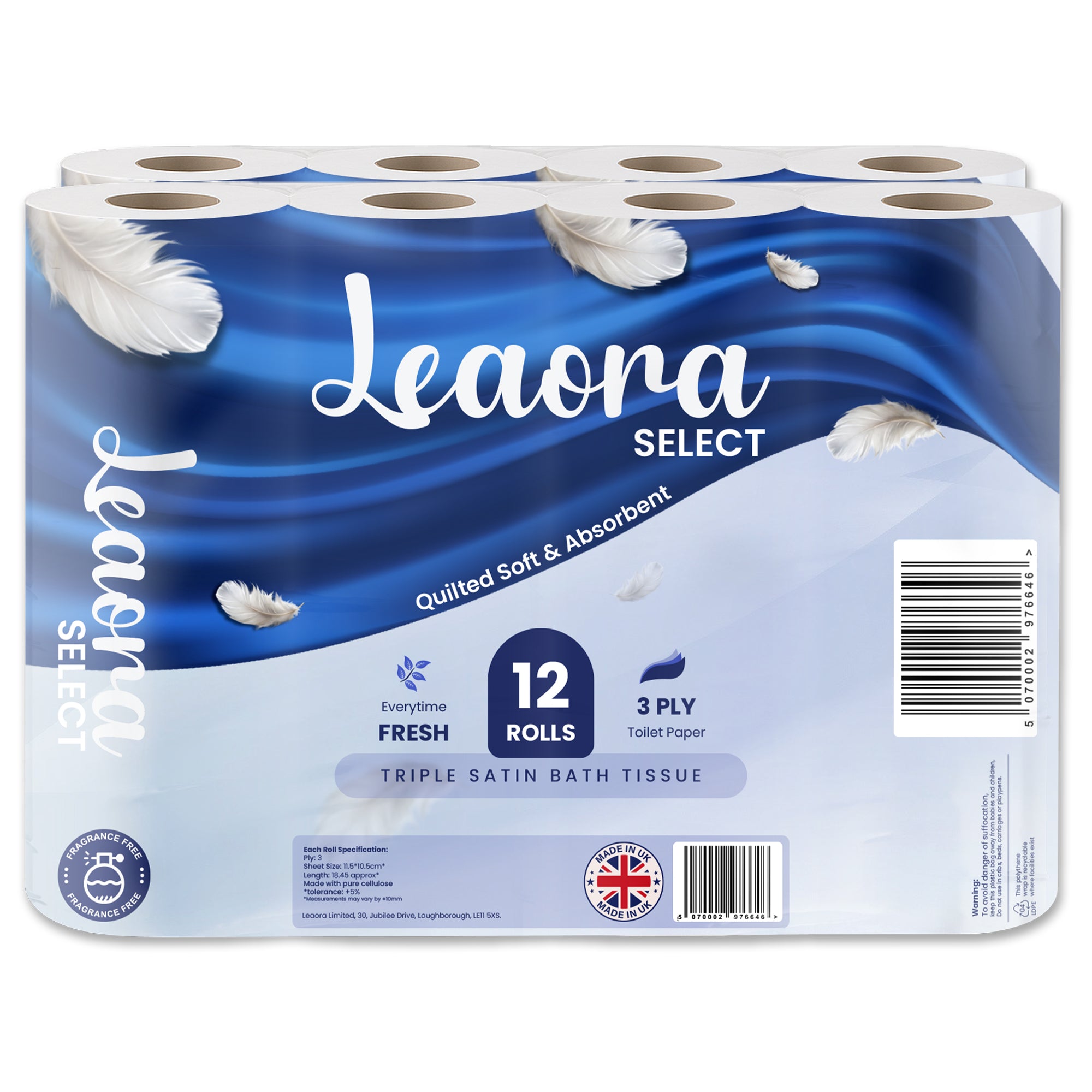 24 Rolls Leaora Select Toilet Tissue | 3-Ply Quilted Comfort