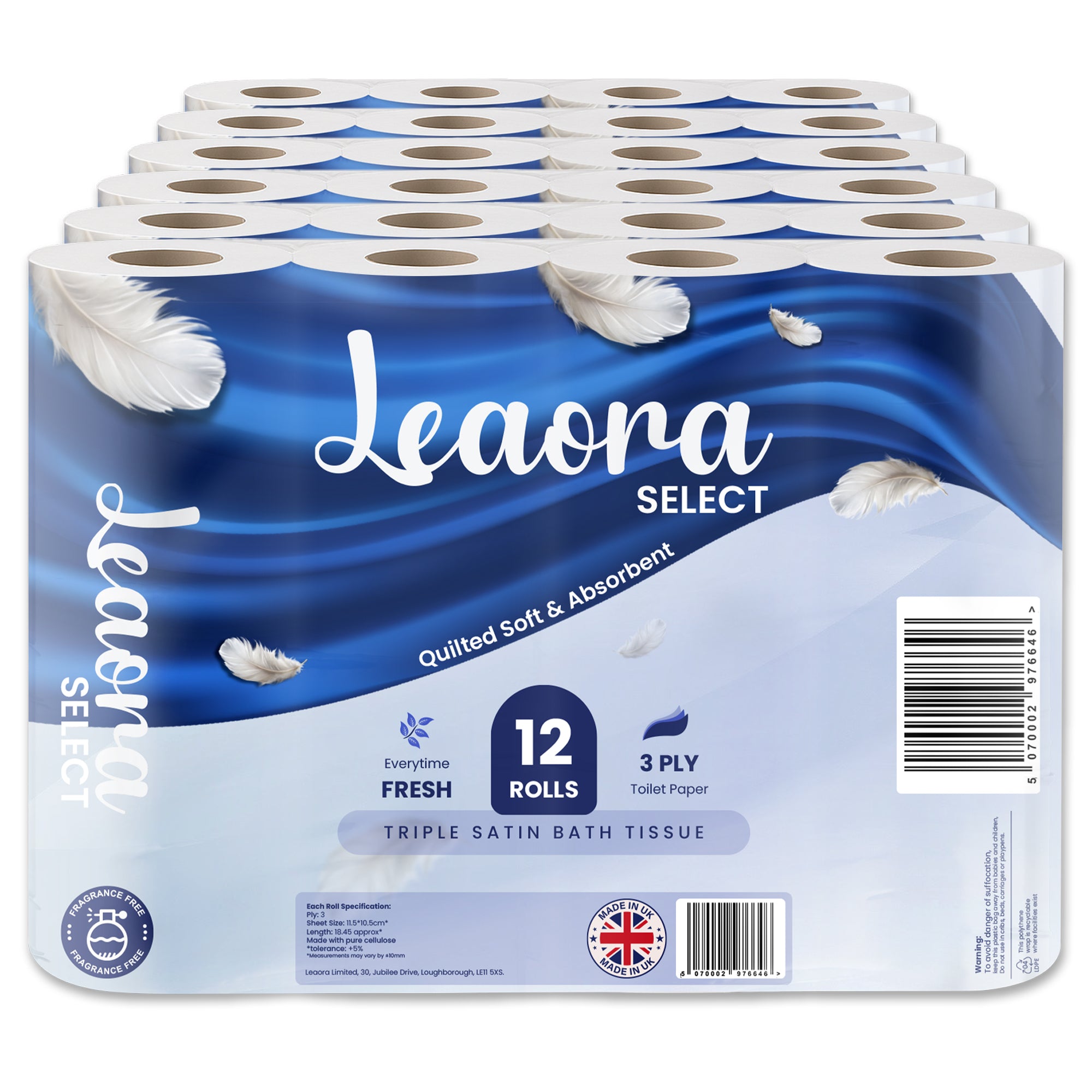 72 Rolls Leaora Select Premium 3-Ply Quilted Toilet Paper