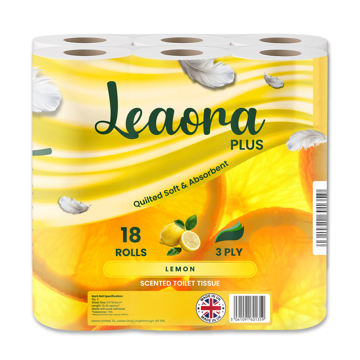 Leaora Plus Lemon 3 Ply Toilet Rolls – 144 Rolls (Pack of 18 x 8)