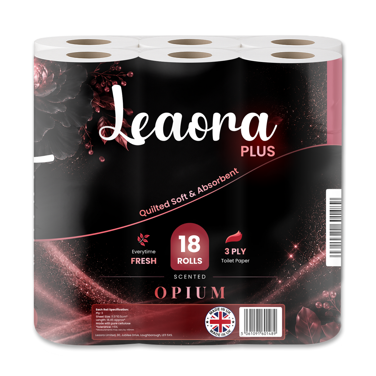 Leaora Plus Black Opium 3 Ply Toilet Rolls – 36 Rolls (Pack of 18 x 2)