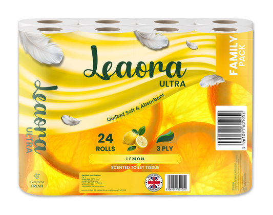 Leaora Ultra Lemon 3 Ply Toilet Rolls – 72 Rolls (Pack of 24 x 3)