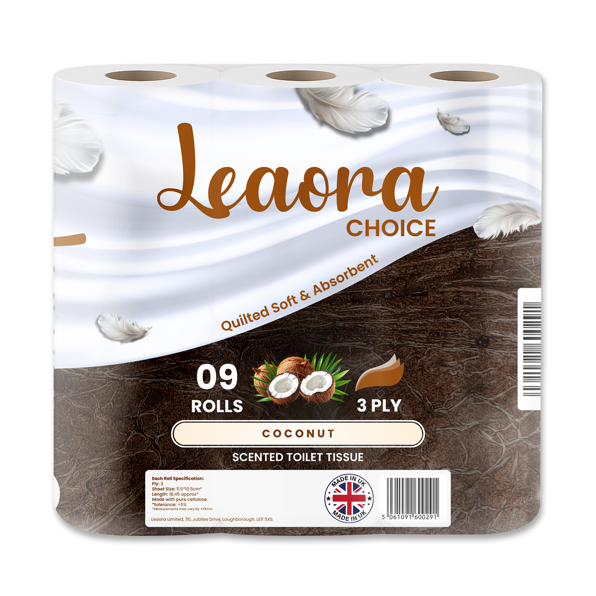 Leaora Choice Coconut 3 Ply Toilet Rolls – 9 Rolls (Pack of 9 x 1)