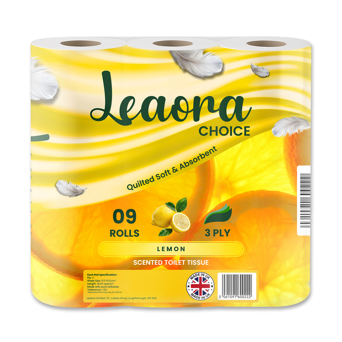 Leaora Choice Lemon 3 Ply Toilet Rolls – 36 Rolls (Pack of 9 x 4)
