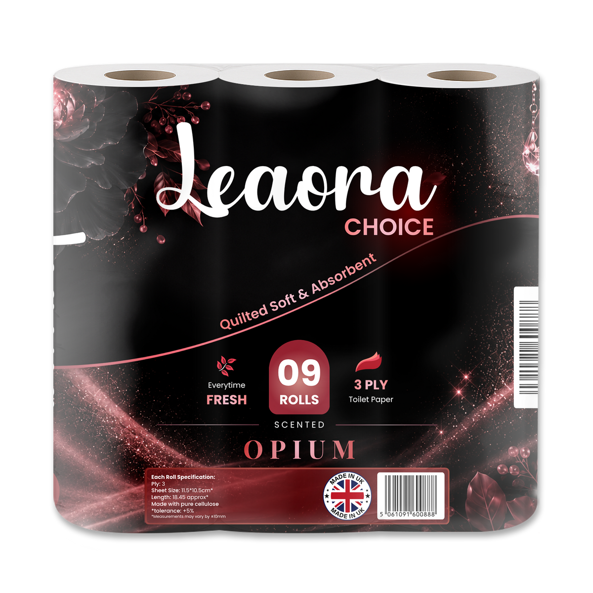 Leaora Choice Black Opium 3 Ply Toilet Rolls – 45 Rolls (Pack of 9 x 5)
