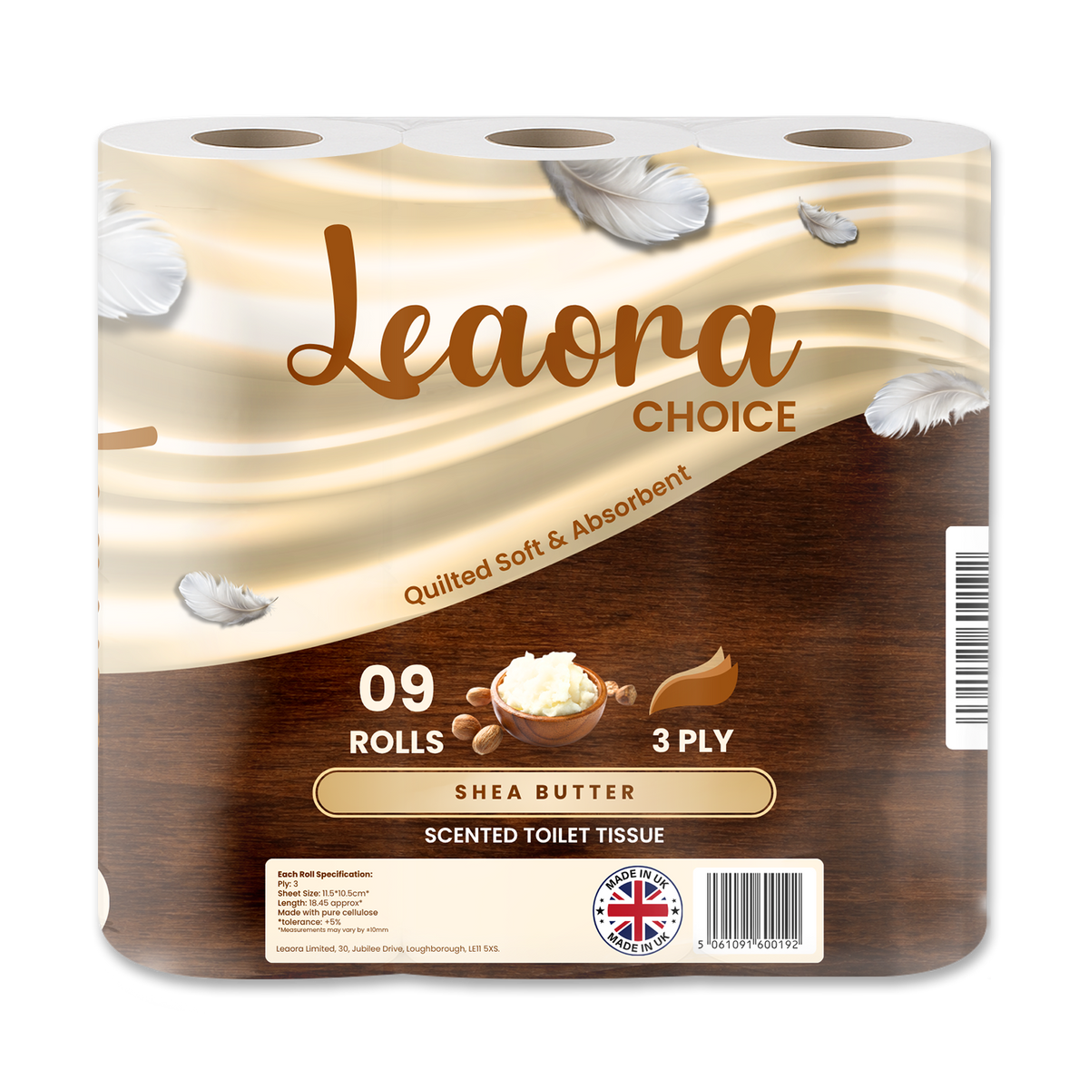 Leaora Choice Shea Butter 3 Ply Toilet Rolls – 9 Rolls (Pack of 9 x 1)